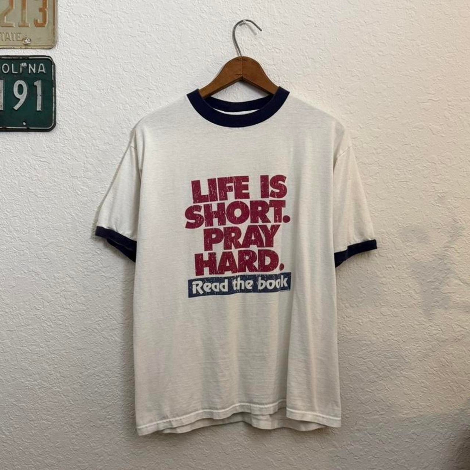 Vintage Pray Hard Bible Ringer Men's M Tee Y2k 2000s